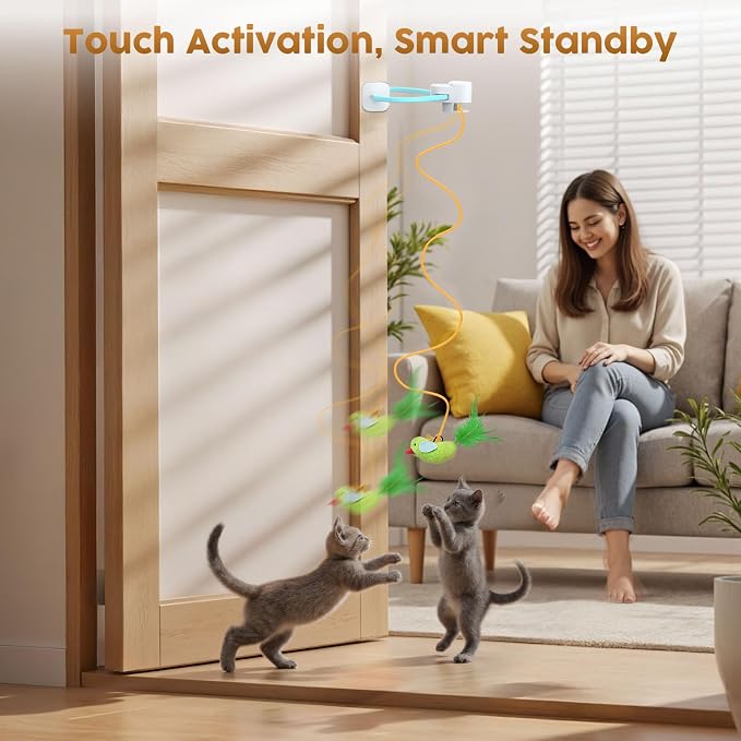 Interactive Cat Toys for Indoor Cats, Clip-On Automatic Flying Bird | USB Rechargeable Self-Play with Interchangeable Bird & Mouse Attachments for Bored Kittens and Adult Cats