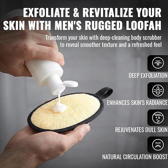 RIYNIBIY Natural Loofah for Men, 2PCS Black & White Set Egyptian Luffa Body Scrubber for Shower & Bath, Quick-Drying Exfoliating Sponge Pad for Men's Hygiene & Body Care - Travel Essentials & Gym Tool