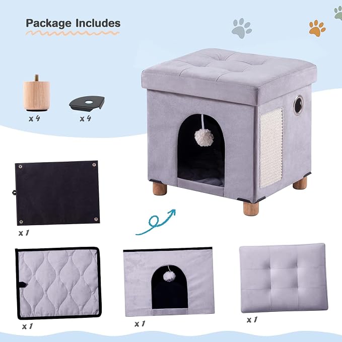BRIAN & DANY Cat House for Kitten,Cat Beds for Indoor Cats with Fluffy Ball Hanging and Scratch Pad, 14.7" x 14.1” x 12.7”, Light Gray