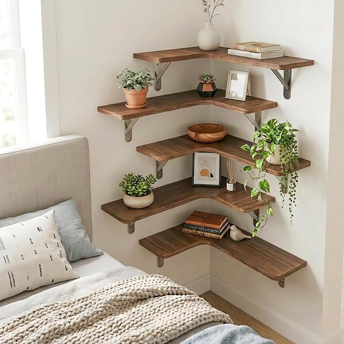 Fixwal Conner Floating Shelves for Wall Decor, Dark Carbonized Black 5pcs | Solid wood shelf with metal brackets, holds 40 lbs. Optimizes corner storage. Fits bathroom, kitchen, bedroom & living room.