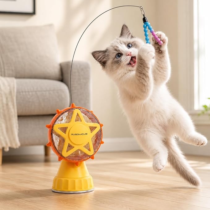 Interactive Cat Toy for Indoor Cats, Ferris Wheel Cat Treat Dispenser Teaser Wand & Suction Cup Base, w/Spoon, Puzzle Feeder Toy for Exercise, Mental Stimulation, Slow Feeding