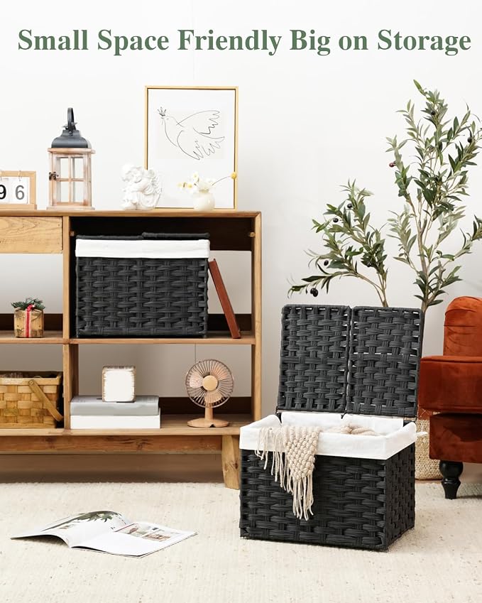SETVSON Storage Basket with Lid, 2-Lid PE Rattan Storage Bin, Black | 9.2 Gal Decorative PE Rattan Furniture Look for Bedroom, 2 Separate Lids, 2 Liners with Divider for Apparel & Essentials