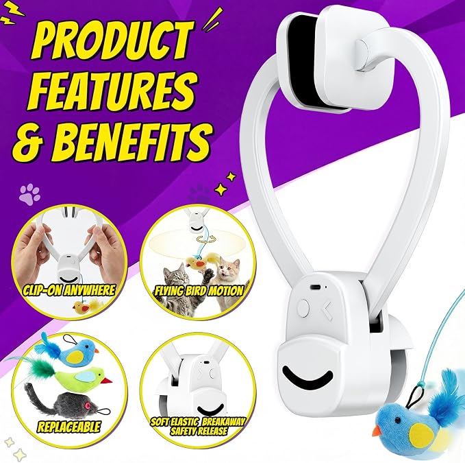Interactive Cat Toys for Indoor Cats, Clip-On Automatic Flying Bird | USB Rechargeable Self-Play with Interchangeable Bird & Mouse Attachments for Bored Kittens and Adult Cats