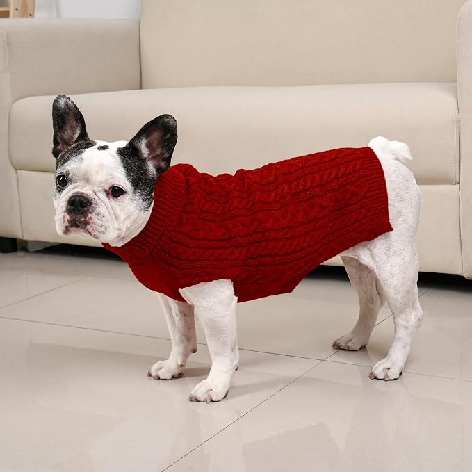 Dog Sweater 2 Pack for Medium Dogs, Size M, Red & Green | Stretchy cable knit turtleneck, machine washable, high belly cut, comfy winter fit for French Bulldog, Pug
