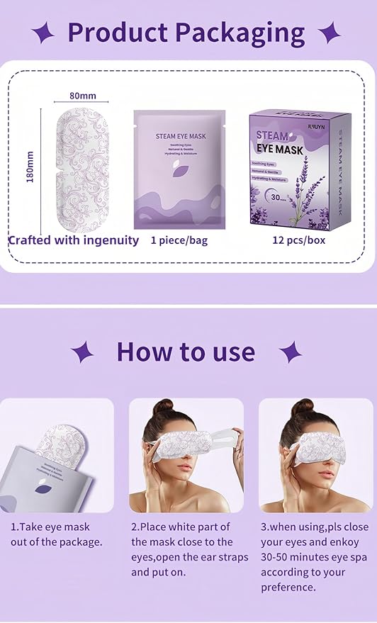 12-Pack Disposable Steam Eye Mask for Dry Eyes & Digital Eye Strain | Self-Heating Screen Time Relief Mask with 30min Moist Heat (104-113℉) | Sleep Mask for Travel, Office Gifts (Purple&Unscented)
