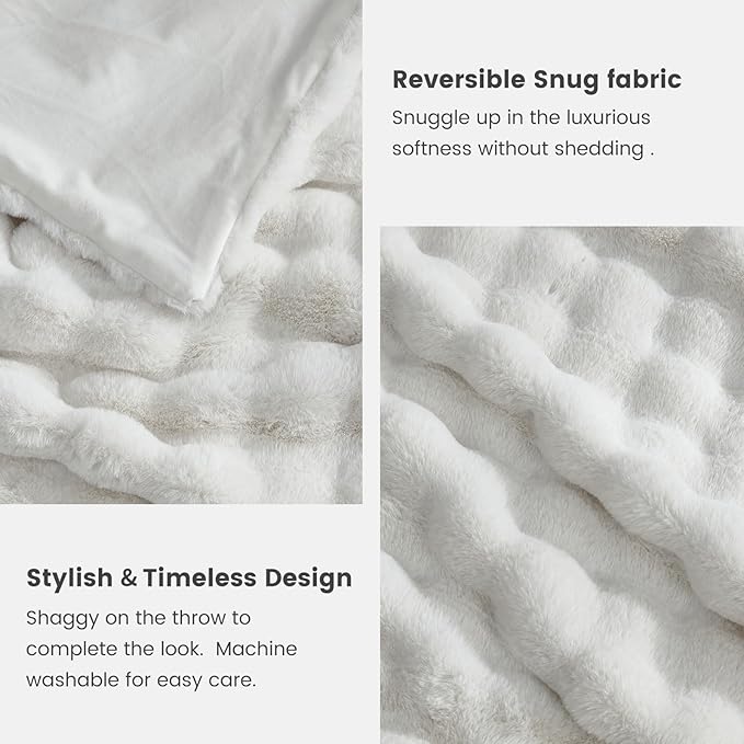 Cozy Bliss Faux Fur Throw Blanket for Bed King Size, Fuzzy Soft Plush Thick Bubble Blanket for Sofa Bedroom Living Room, 108 * 90 Inches Cream White