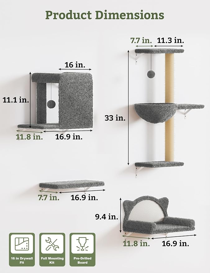 5-in-1 Cat Wall Shelves, Solid Wood Cat Wall Furniture Set for Indoor Cats | 44 lb per Shelf, 72-Hour Load Tested, Pre-Drilled, Fits 16 in. Stud Drywall & Solid Walls, for Small to Medium Cats