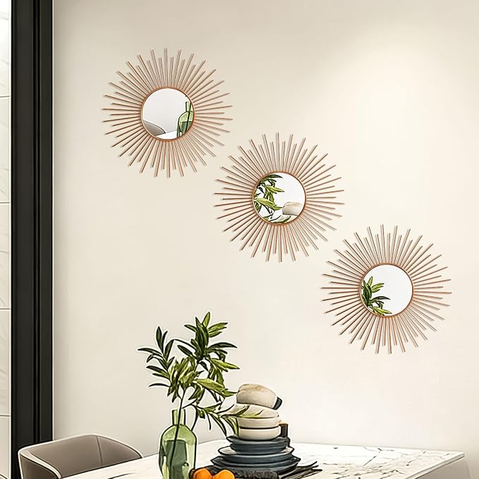 3 Pack Metal Mirrors for Wall Sunburst Wall Mirrors Home Décor Decorative Hanging Wall Art for Living Room Bedroom Entryway (Rose Gold2, Sunburst)