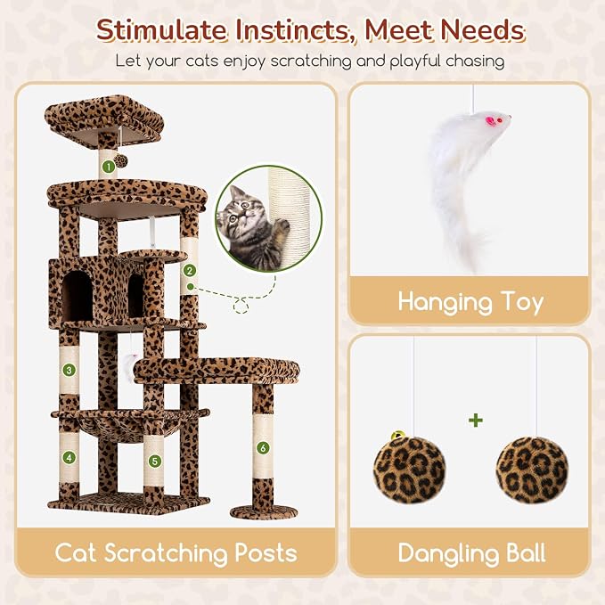 Globlazer Large Perch Leopard Cat Tree, 65in Sturdy Cat Scratching Tree for Indoor Cats Large Adult, Big Cat Tower with 3 Padded Perches, 6 Scratching Posts, Cat Condo, Hammock, S65, Leopard Print