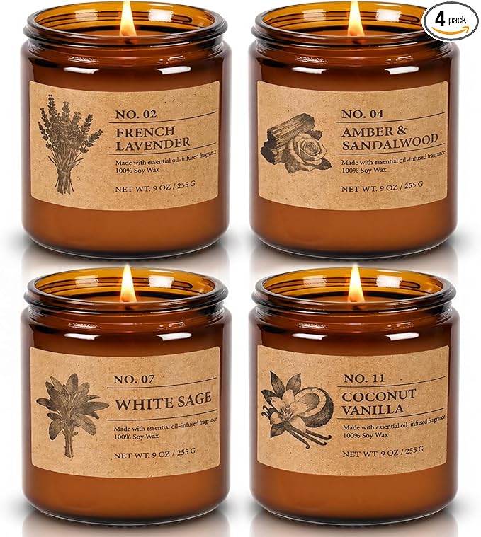 Soy Candles Set of 4, 9oz Natural Soy Wax Aromatherapy Candles, Home Scented Candles with 4 Scents (Lavender, Amber Sandalwood, White Sage, Coconut Vanilla), Gifts for Mom, Women, Relaxation, Yoga