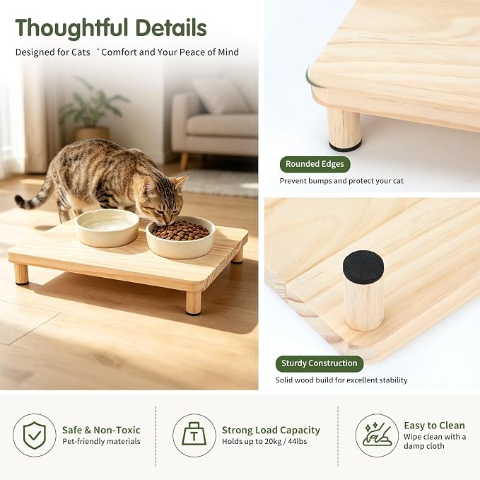 Extra Large Cat Food Stand, Wood Cat Feeder Stand 15.8 x 12.9 in | Cat Feeding Station, 2.56 in Raised Platform, Dual-Bowl Feeder & Water Dispenser Fit, Solid Wood, Tool-Free Assembly