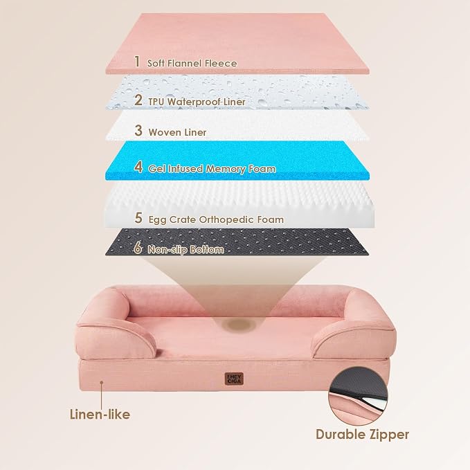 EHEYCIGA Orthopedic XXL Dog Bed, Waterproof Washable XL Big Pet Bed 52" | Non-Slip Bottom and Egg-Crate Memory Foam Extra Large Pet Couch Bed with Washable Removable Cover, Dusty Pink