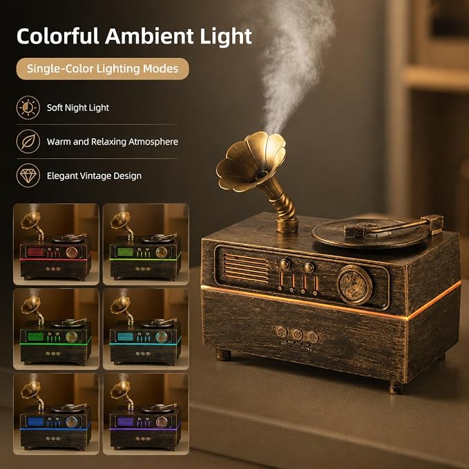 Vintage Gramophone Humidifier, 160ML Aroma Diffuser with Colorful LED Light, Remote Control, Auto Shut-Off, 3 Timer Settings, Essential Oil Diffuser for Bedroom, Office, Home Decor