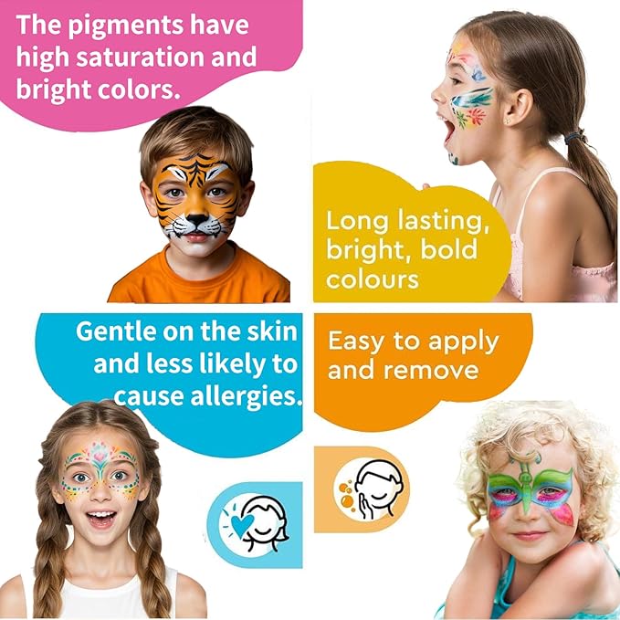 Face Paint Kit for Kids: 20 Colors Water Based Non-Toxic Face Painting Kit, with Brushes, Stencils, Glitter Gems, Ideal for Halloween, Cosplay, Carnival, Birthday Parties Face Body Makeup Kit