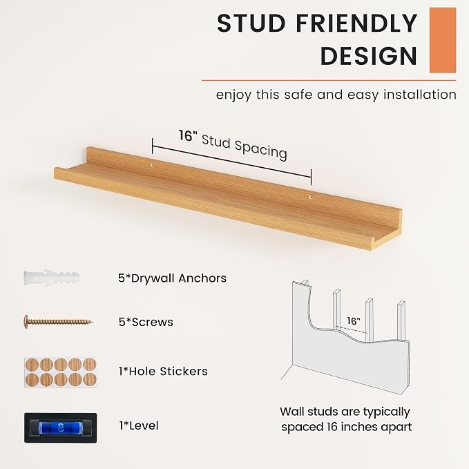 Picture Ledge Shelf, Floating Shelves for Wall, 32" W Set of 2, Oak | FSC Certified Engineered Wood, Wall Mounted Bookshelf, for Nursery Living Room Bedroom, Pre-Drilled, Easy Install