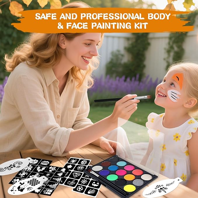 Face Paint Kit, 15 Color Face Painting Palette, with 2 Brushes 34 Stencils, 3 Reusable Stencils, 2 Stickers, Washable Face Paints for Kids Adults Halloween Party Carnival