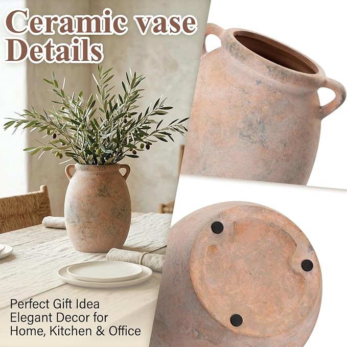 Rustic Ceramic Vase for Flowers 7.7", Terracotta Pottery Vase with Handles & Distressed Finish, Large Vintage Decorative Stone Clay Vases for Farmhouse Decor, Table Centerpiece, Fireplace Mantle