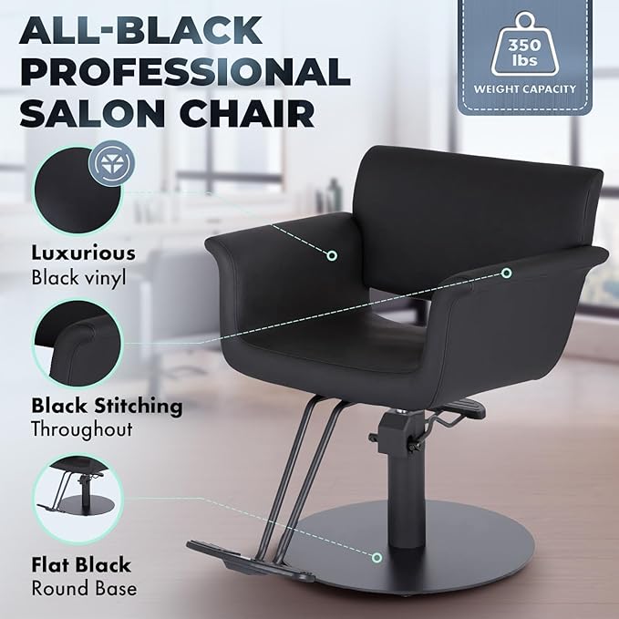 Buy-Rite Capri Styling Chair for Professional Salons & Barbershops - Luxurious Black Vinyl, Black Stitching (Flat Base)