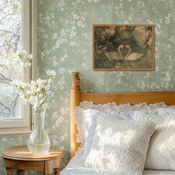 Framed Vintage Swan wall art, Rustic Romantic White Swan Pictures Wall Decor, Cottagecore Farmhouse Animal Paintings Canvas Prints Aesthetic Home Decor for Living Room Bedroom Bathroom 12x16 inch