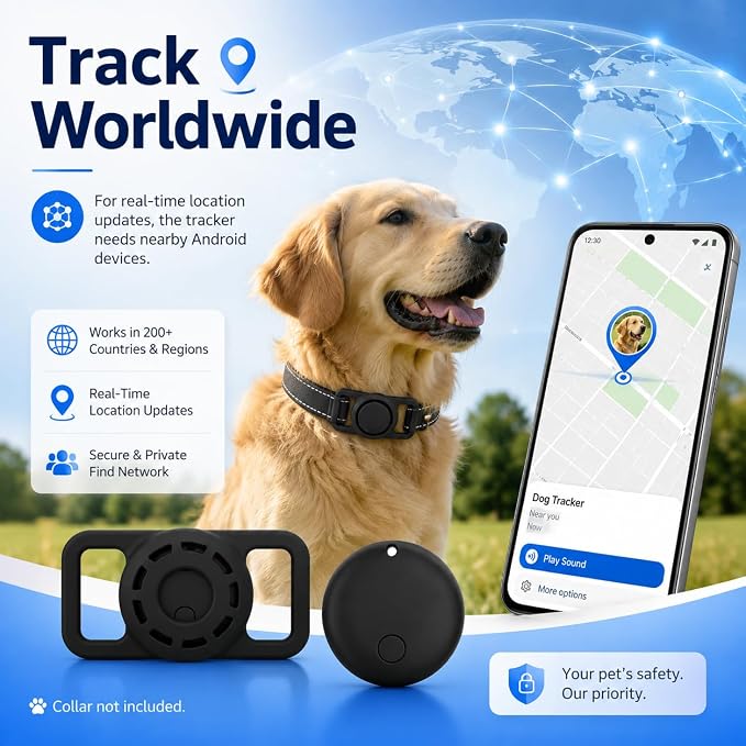 GPS Smart Collar for Dogs, Android Pet Tag. Waterproof, Google Find My Compatible, No Monthly Fee. Advanced Tracker ensures Safety for Small to Large Dogs. (Tracker for Dog)