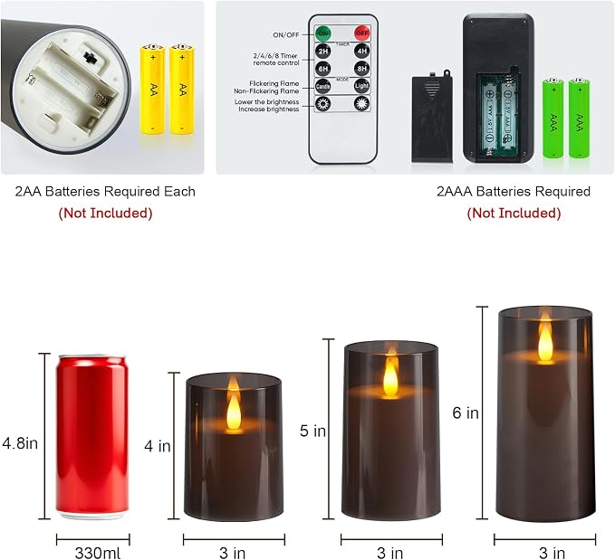 Raycare Flameless Electronic Pillar Candles with Remote Control and Timer- Battery Operated Realistic Flickering LED Fake Candle for Home, Wedding, Valentine's Day Decor, Grey,Set of 3(3"x4"5" 6")