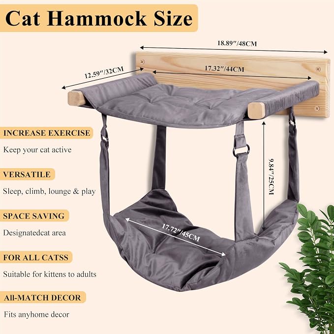 JSPYFITS Wooden Cat Furniture Wall Mounted, Double Layer Hammock, Large Size 18.9″ Removable Multi-Function Cat Bed for Sleep/Play/Climb, Kitten Window Perch, Easy DIY Installation(Grey)