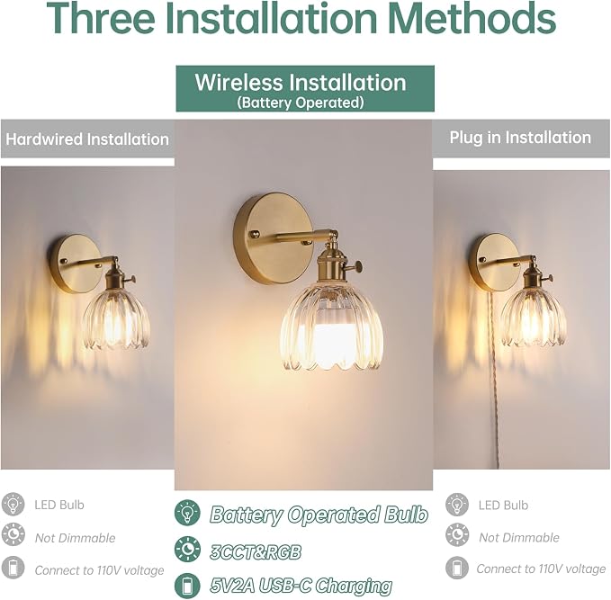 Shenmoyl Vintage Battery Operated Wall Sconce with Transparent Tulip Glass Lampshade Rechargeable Battery Powered Wall Light with Remote Control for Bedside Bedroom Doorway, Set of 2