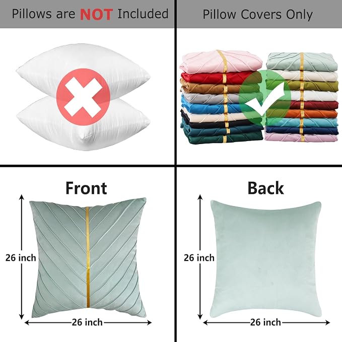 Velvet Throw Pillow Covers 26x26 Pack of 2 Gold Decor Mint Green | Soft Solid Pillow Covers,Modern Luxury Home Decor,for Couch Chair Sofa Bedroom Livingroom,Hidden Zipper,Ideal Gift,Easy Care
