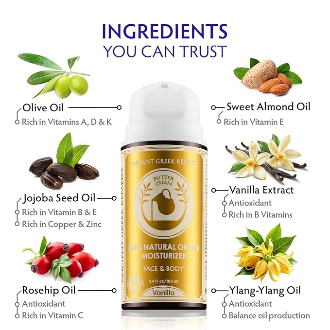 Ancient Greek Remedy Vanilla Butter Cream - Organic Body & Face Moisturizer with Sweet Almond, Jojoba & Rosehip Oils, 100% Natural Origin, Vegan, No Synthetic Fragrance 3.4 oz