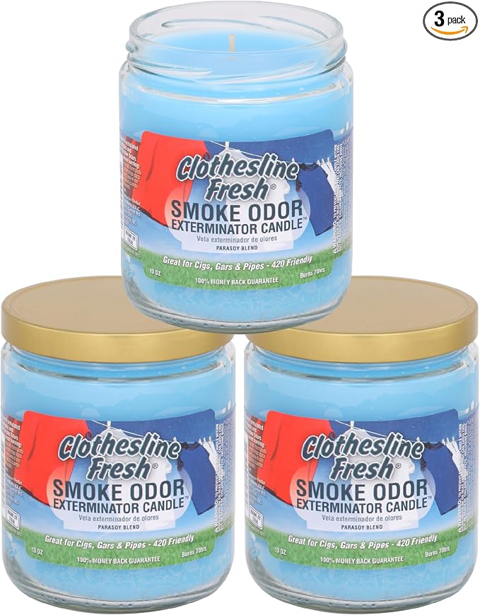 Smoke Odor Exterminator 13oz Jar Candles (Clothesline Fresh, 3) Set of Three Candles.