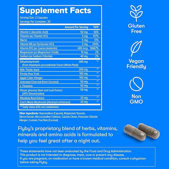Flyby Recovery Supplement - All The Hang, Without The Over!™ - with Milk Thistle, Vitamin C, Activated Charcoal, and Apple Cider Vinegar - Pre & Post Drinking Formula (240 Count)