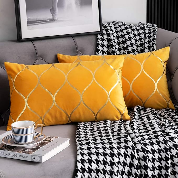 12x20 Inch Gold Velvet Throw Pillow Covers: 2 Pack Rectangular Decorative Pillow Cases for Bedroom Sofa Couch Living Room, Yellow