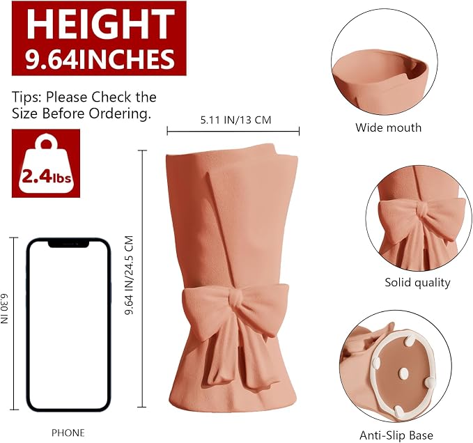 Relexome Pink Ceramic Bow Vase 9.64 in Unique Cute Modern Decorative Bouquet Flower Vases for Home Living Room Table Decor Women Girl Gifts