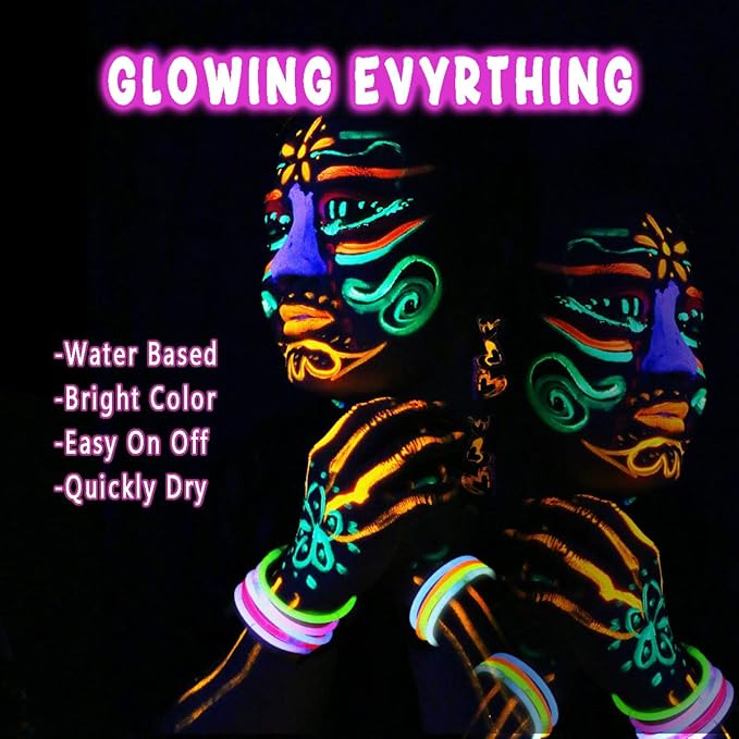 Depvision Glow in the Dark UV Face and Body Paint 6*10ml Neon Blacklight 0.34oz Reactive Fluorescent for Christmas Halloween Party Non-toxic