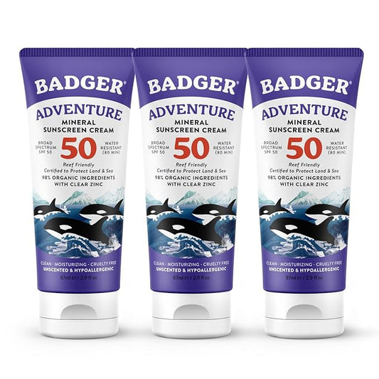 Badger Biodegradable Reef Safe Sunscreen, SPF 50 Unscented Zinc Oxide Sunscreen, 98% Organic Ingredients, Water Resistant Adventure Sport Sunblock, 2.9 fl oz, 3-Pack