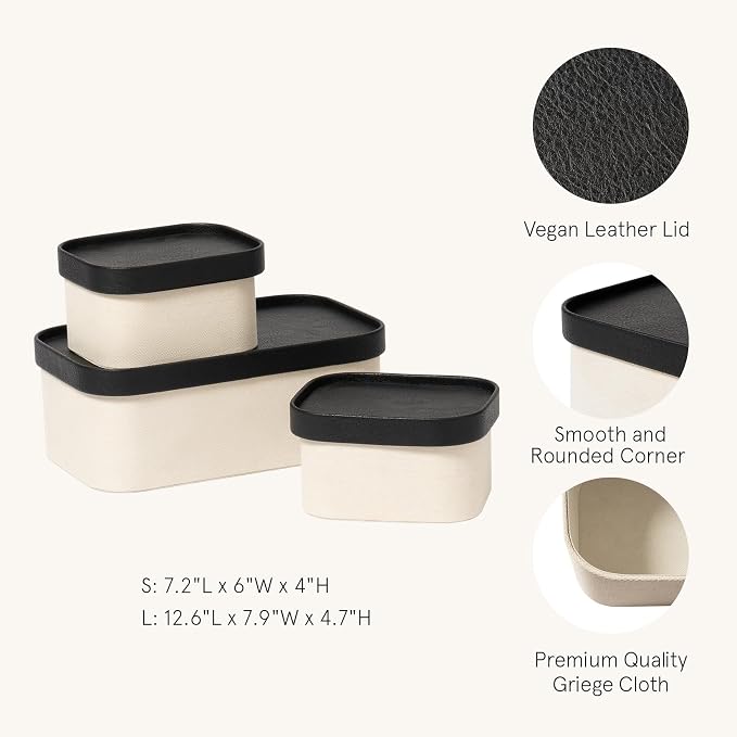 LA JOLIE MUSE Decorative Storage Boxes with Lids, Black & Beige 3 Pack | Vegan Leather Lids, Fabric Covered Storage Basket for Home, Organizer for Jewelry, Shelves, Bedroom & Closet Memory Box