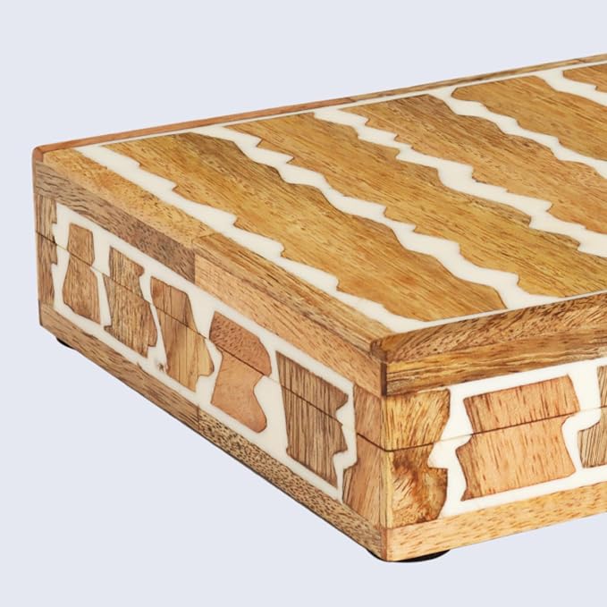 Handicrafts Home White Decorative Storage Box with Lid Wooden Desk Organizer Box Office Storage Box for Workspace Desk Decor Organizer – Resin Inlay Kept Safari Collection - 6x8x1.5