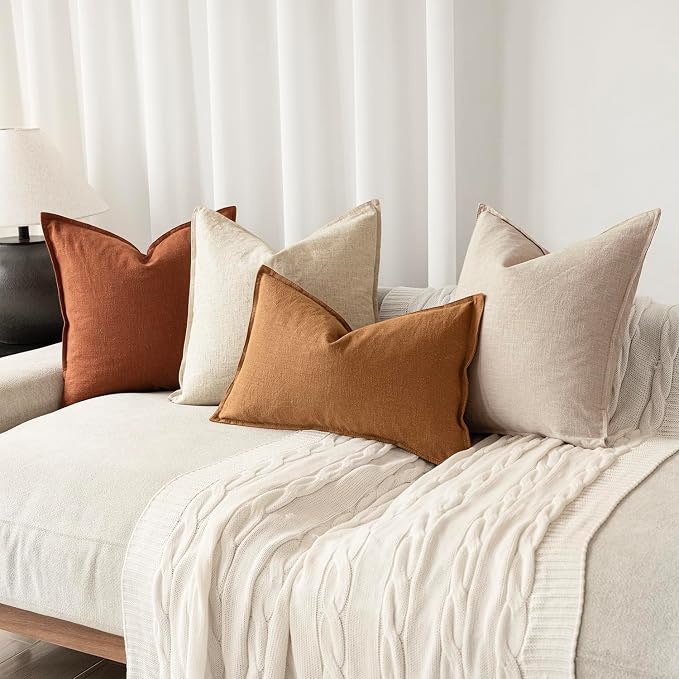 Foindtower Pack of 2, Decorative Linen Solid Throw Pillow Covers Soft Accent Cushion Case Farmhouse Neutral Pillowcase for Chair Couch Sofa Bedroom Living Room Home Decor 16 x 16 Inch Fall Rust Orange
