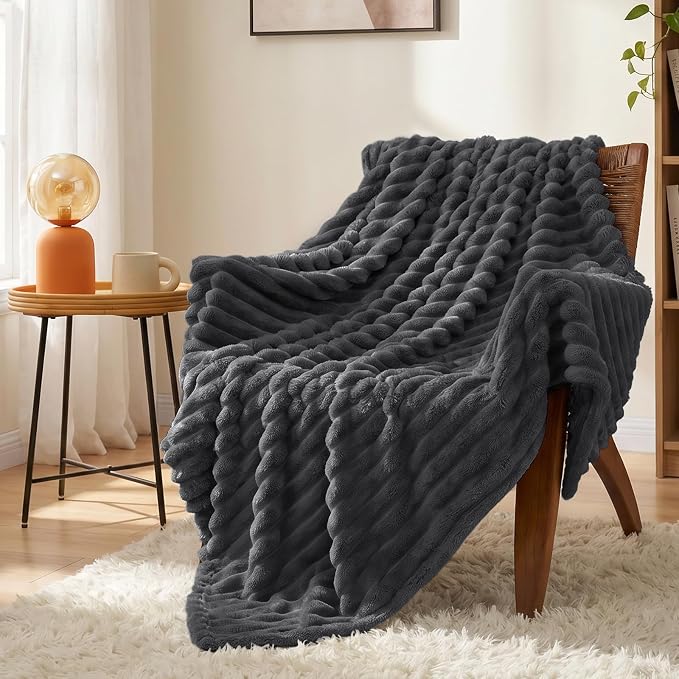 Dark Gray Twin Blanket for Bed & Couch, 60 x 80 Inch | 300GSM Ribbed Fleece Blanket, Soft, Cozy & Lightweight, OEKO-TEX Certified, All-Season Use for Travel, Dorm & Home Decor
