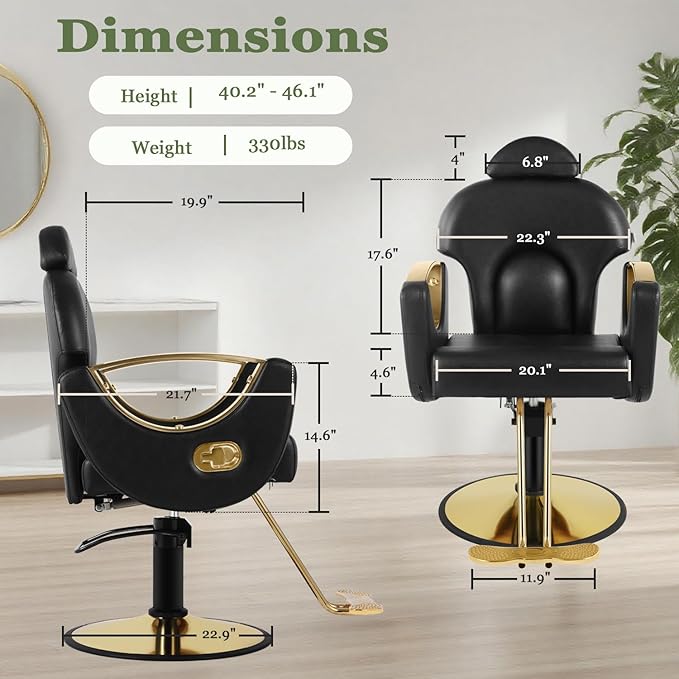 Black and Gold Reclining Salon Barber Chair for Hair Stylist, Hydraulic Pump Hair Salon Chair, 360° Swivel Styling Chair for Home or Barbershop