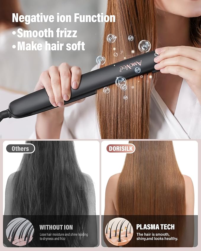 Hair Straightening Irons, Hair Straightener and Curler 2 in 1, 15s Fast Heating Hair Iron Straightener, Dual Voltage Ceramic Flat Iron Creates Silky Hair Instantly
