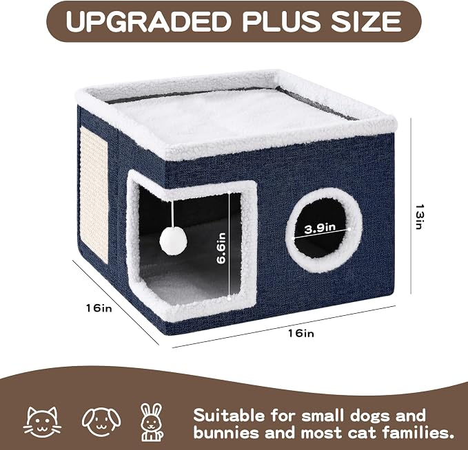 Large Cat Houses for Indoor Cats with Fluffy Ball and Scratch Pad | Foldable Cat Bed Cave for Multiple Pets, Kitten Bed for All Seasons, Non-slip, Hold Up to 30LBS, 16x16x13inch, Blue