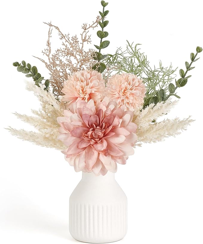 Mkono Fake Flowers in Ceramic Vase, 12.5" Coffee Table Centerpieces, Pink | Table Decor with vase, Small Silk Faux Artificial Flower Arrangements, Fits Bathroom Dining Room Kitchen Home Indoor Decor