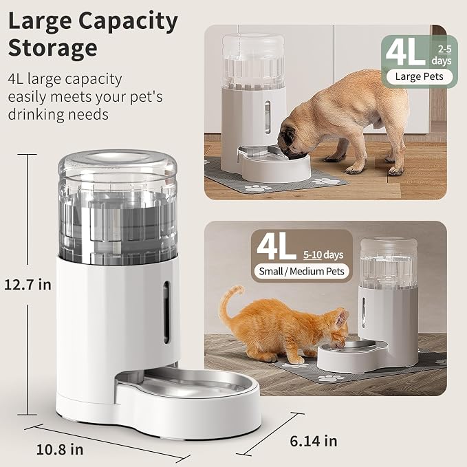 JUNSPOW Cat Water Dispenser with Placemat & Stainless Steel Bowl (4L White) | Automatic Gravity Water Dispenser for Cats or Small Medium Size Dogs, Large Capacity, Easy to Clean
