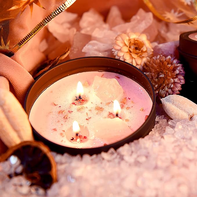 Inspireyes Scented Candles Set with Crystal, 3 Wick Candle 19 oz Soy Wax Aromatherapy Meditation Candles, Large Manifestation Candle with Large Energy Stones, Birthday Gifts for Women