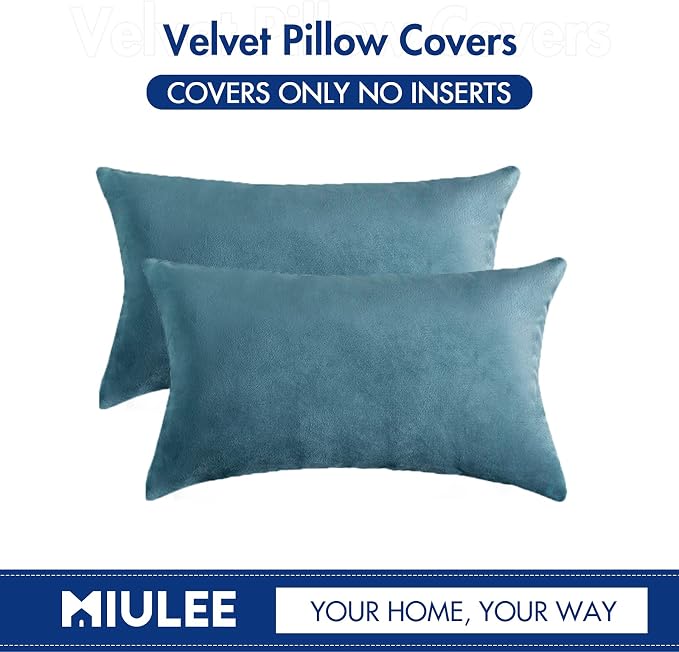 MIULEE 12x20 Inch Lumbar Velvet Throw Pillow Covers Blue Gray | Pack of 2 Soft Solid Decorative Pillow Covers, Modern Luxury Home Decor, for Chair Couch Sofa Bedroom Livingroom