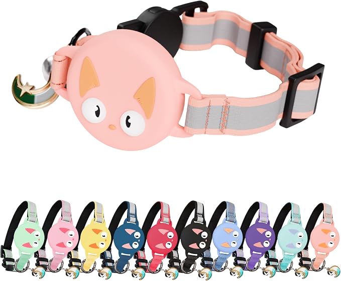 AirTag Cat Collar – Breakaway Reflective & Waterproof Collar with Built-in Holder, Adjustable with Bell for Indoor/Outdoor Cats – AirTag Not Included, Pink (9-12")