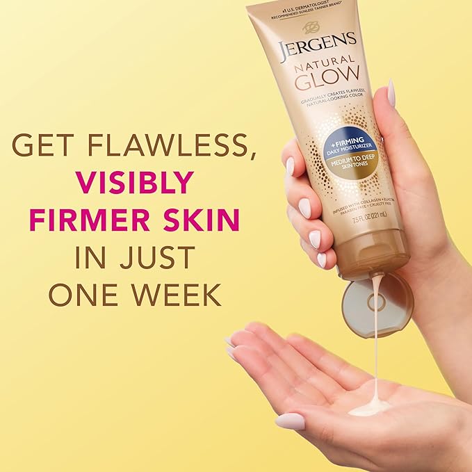 Jergens Natural Glow +Firming Self Tanner Body Lotion, Medium to Deep Skin Tone, Sunless Tanning Moisturizer with Collagen and Elastin, Helps to Visibly Reduce Cellulite, 7.5 Oz, Pack of 2