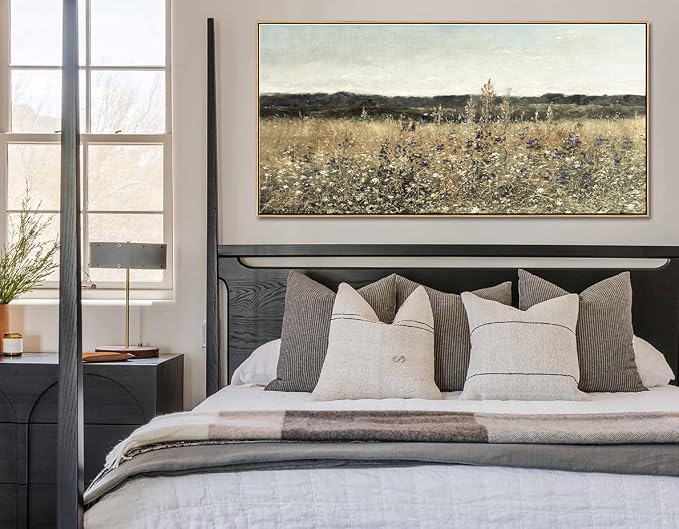 DJSYLIFE Oversized Framed Wall Art, Wildflower Landscape, 29.5 x 57.9 Inch | Extra Large Painting, Vintage Canvas Prints, Ready to Hang, Classical Flowers Pictures, Farmhouse Living Room Bedroom Decor