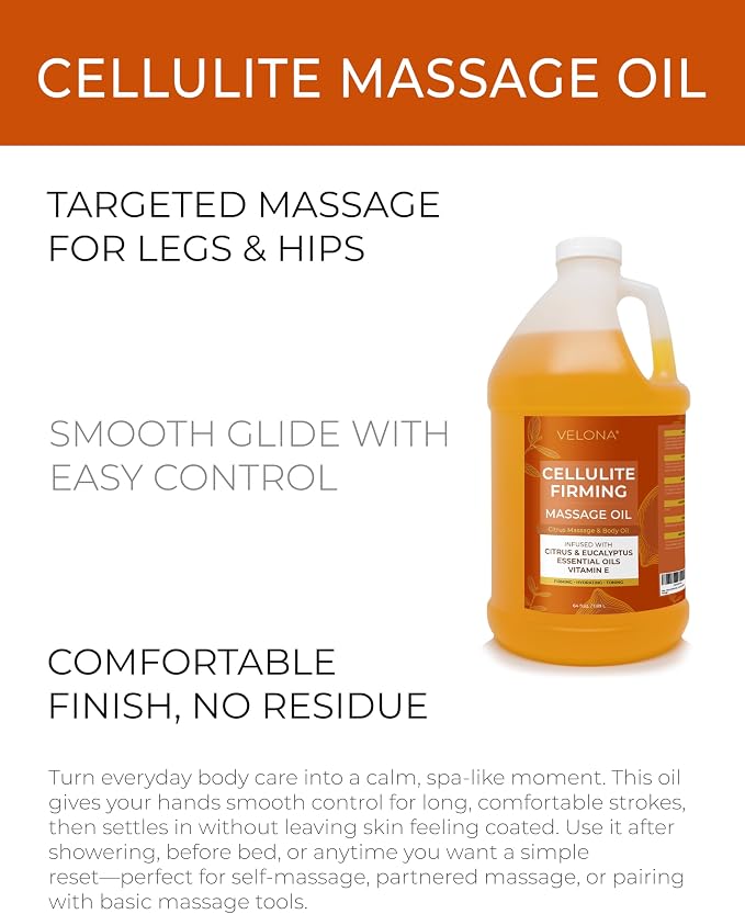 velona Cellulite Massage Oil – 64 Fl Oz | Vitamin E & Citrus Essential Oils | Massage Therapy for Legs & Body Oil | Moisturizing, Firming, Tightening, Smooth Skin | Professional Spa & Home Massage